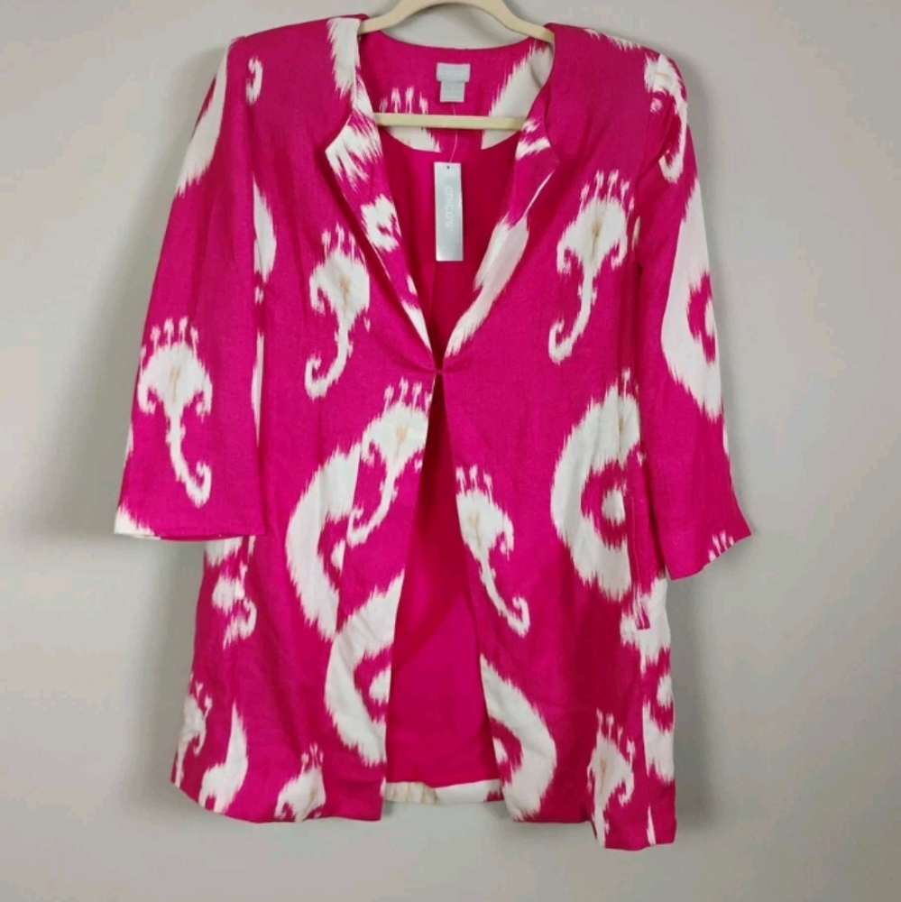 Chico's Long Blazer Women's Size 1 Pink/White  Jacket NWT ($159) Casual Coat